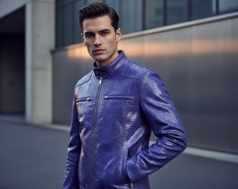 Chaqueta de piel de pitón auténtica azul real para hombre: Estilo motero de lujo con cremallera