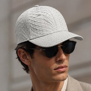 White Python Snakeskin Leather Baseball Cap: Adjustable Trucker Hat
