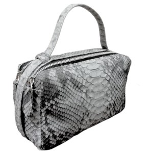 Peut inclure: Un petit sac à main en peau de serpent gris avec une poignée supérieure et une fermeture à glissière.