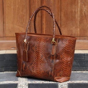 Braune Schlangenleder Tote Handtasche - Modische Schlangenleder Totes Geldbörse - Geschenk für Mütter