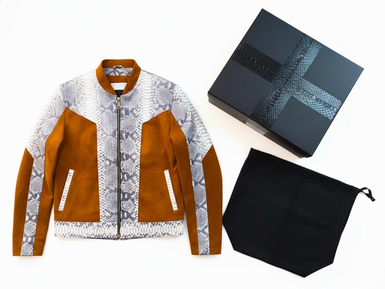 Men’s Genuine Python Snakeskin & Suede Leather Jacket: Exotic Real Python Skin Outerwear