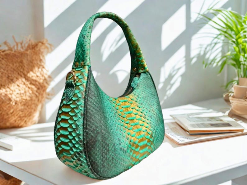 Python Snakeskin Tote Bag, Moon Leather Tote, Snakeskin Handbag, Women's Purse, Fashion Leather Bag, Unique Shoulder Bag
