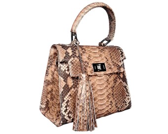 Bolso tipo cartera con asa superior de piel de serpiente auténtica