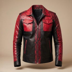May include: A black leather jacket with red snakeskin-textured accents on the shoulders, sleeves, and pockets. The jacket features a front zipper closure and a collared neckline. The overall design is a blend of classic and bold elements.