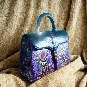 Op de afbeelding: Een paarse en blauwe slangenleren handtas met een bovenste handvat en een gouden sluiting.