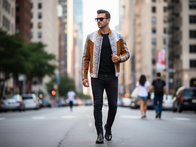 Men’s Genuine Python Snakeskin & Suede Leather Jacket: Exotic Real Python Skin Outerwear