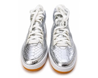 Genuine Python Snakeskin Leather High-Top Sneakers: Silver Color