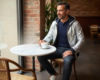 Giubbotto bomber da uomo in vera pelle di pitone: vera pelle di serpente color argento metallizzato