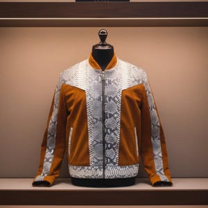 Men’s Genuine Python Snakeskin & Suede Leather Jacket: Exotic Real Python Skin Outerwear