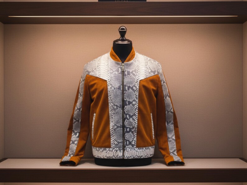 Men’s Genuine Python Snakeskin & Suede Leather Jacket: Exotic Real Python Skin Outerwear