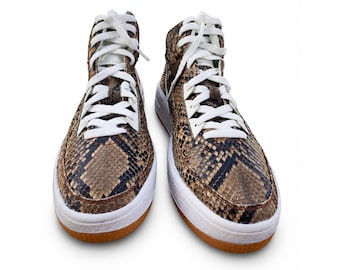 Genuine Python Snakeskin Leather High-Top Sneakers: Brown Color