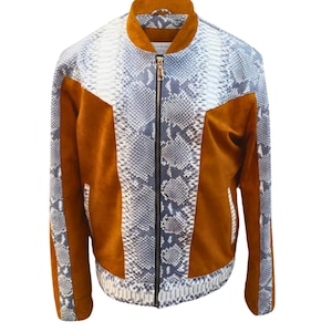 Men’s Genuine Python Snakeskin & Suede Leather Jacket: Exotic Real Python Skin Outerwear