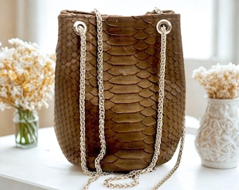 Borsa con coulisse in vera pelle di serpente / Borsa a mano in pelle per uso quotidiano