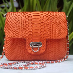 Può includere: Una borsa a tracolla in pelle di serpente arancione brillante con una tracolla a catena argentata e una chiusura argentata.