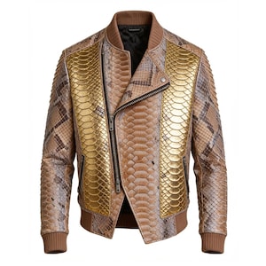 Men’s Python Snakeskin Jacket: Gold Leather Biker Bomber Style