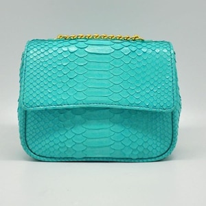Könnte beinhalten: Eine kleine türkisfarbene Handtasche aus Schlangenleder mit einer goldenen Kettenkette.