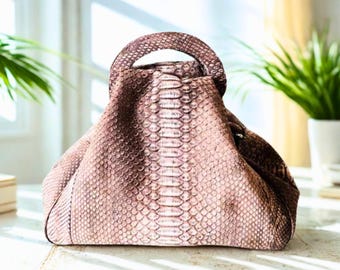Borsa con manico superiore in pelle di pitone unica - Borsa in pelle di serpente esotica