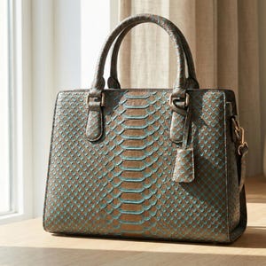 May include: A structured handbag featuring a textured snakeskin pattern in shades of brown and teal. The bag has two top handles, a rectangular silhouette, and a small matching luggage tag charm attached to one of the handle hardware rings.