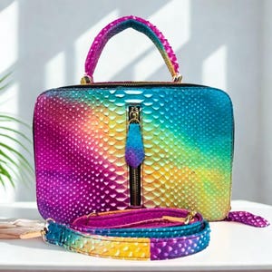 以下が含まれることがあります： 虹色の蛇柄のハンドバッグで、金色のジッパーが付いています。バッグにはトップハンドルと取り外し可能なショルダーストラップが付いています。