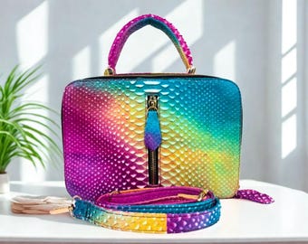 Borsa a mano in pelle di serpente arcobaleno con manico superiore - Women Choices