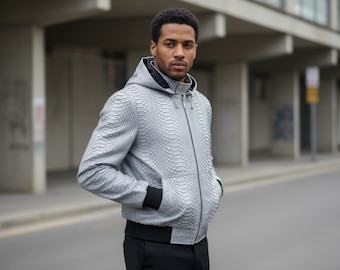 Herren Silber Python Leder Hoodie: Echte Schlangenhaut Bomberjacke