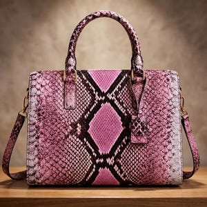 Puede incluir: Bolso de mano rosa y negro con estampado de piel de serpiente, con asa superior y bandolera extraíble. El bolso presenta herrajes dorados y forma rectangular. El estampado de piel de serpiente es una mezcla de rosa, negro y blanco.