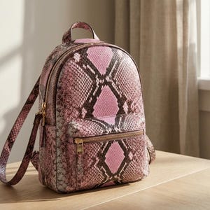 May include: A pink and brown faux snakeskin backpack with a top handle, adjustable straps, and gold-toned zippers. The bag features a diamond pattern in the center and a front pocket. The backpack is sitting on a wooden surface.