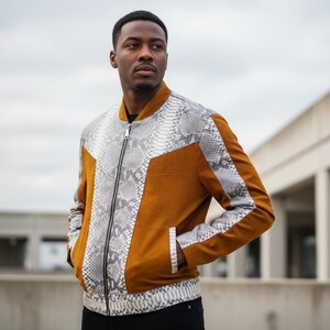 Men’s Genuine Python Snakeskin & Suede Leather Jacket: Exotic Real Python Skin Outerwear