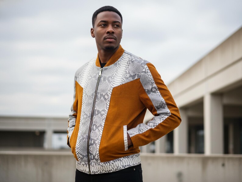Men’s Genuine Python Snakeskin & Suede Leather Jacket: Exotic Real Python Skin Outerwear