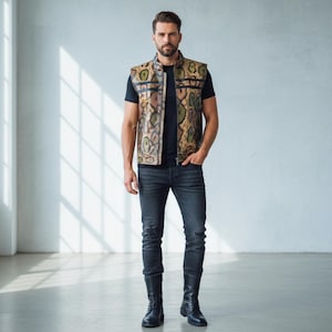 Könnte beinhalten: Eine Person trägt eine gemusterte Weste in Braun-, Grün- und Beigetönen, ein schwarzes T-Shirt, dunkle Jeans und schwarze Stiefel. Das Outfit wird durch schwarze Stiefel und dunkle Jeans vervollständigt.