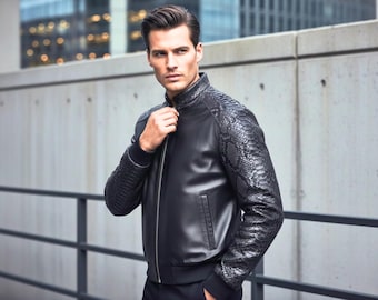 Herren Bomberjacke aus schwarzem Pythonleder: Luxus Schlangenleder & Lammleder Hybrid