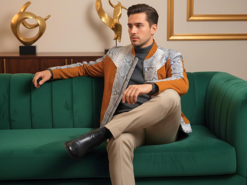Men’s Genuine Python Snakeskin & Suede Leather Jacket: Exotic Real Python Skin Outerwear