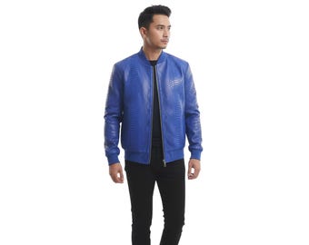 Giubbotto bomber in vera pelle di pitone blu: capospalla in pelle esotica di lusso da uomo