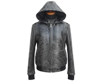 Schwarzer Python Leder Hoodie: Echte Schlangenleder Zip Jacke