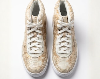 Genuine Python Snakeskin Leather High-Top Sneakers: Himalayan Color