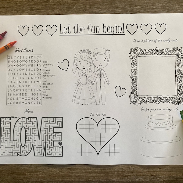 Printable Bride and Groom wedding placemat, Childrens coloring table activity, Digital file, wedding entertainment, Reception activity