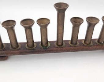 Judaica - a very old Hanukkah lamp menorah, trench art, designed from bullets like brass reeds, made in Palestine.
