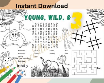 Young, Wild, & Three Birthday Placemat Coloring Page; Third Birthday; Party Favor; Coloring Page; Birthday Activity