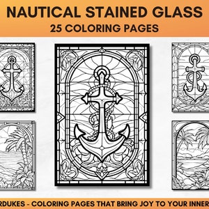Set of 25 adult coloring pages of nautical stained glasses featuring ships, lighthouses, tropical islands, anchors, and sea animals.