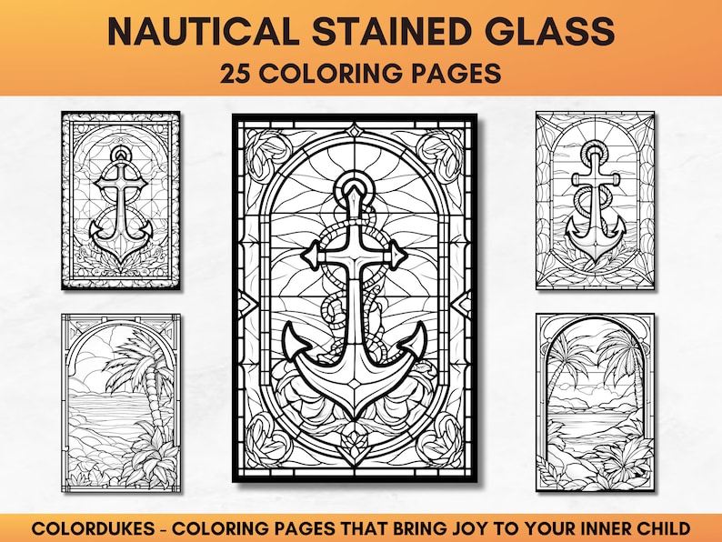 Set of 25 adult coloring pages of nautical stained glasses featuring ships, lighthouses, tropical islands, anchors, and sea animals.