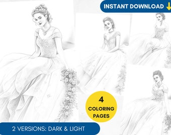 4 Coloring Pages, Wedding Dress Grayscale Adult Coloring Book Princess Fashion Coloring Page, Bride Portrait Coloring, Printable PDF