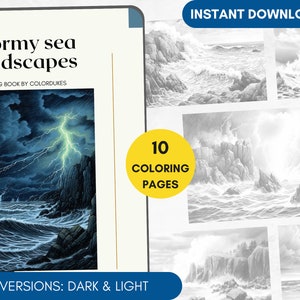 10 Coloring Pages, Stormy Sea Landscapes Grayscale Adult Coloring Book, Advanced Coloring, Ocean Coloring Pages for Pigment, Printable PDF