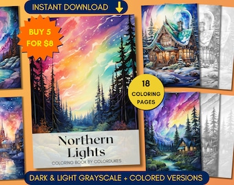 Northern Lights Coloring Pages, Aurora Borealis Grayscale Coloring Book for Adults, Winter Coloring Sheets with Sample