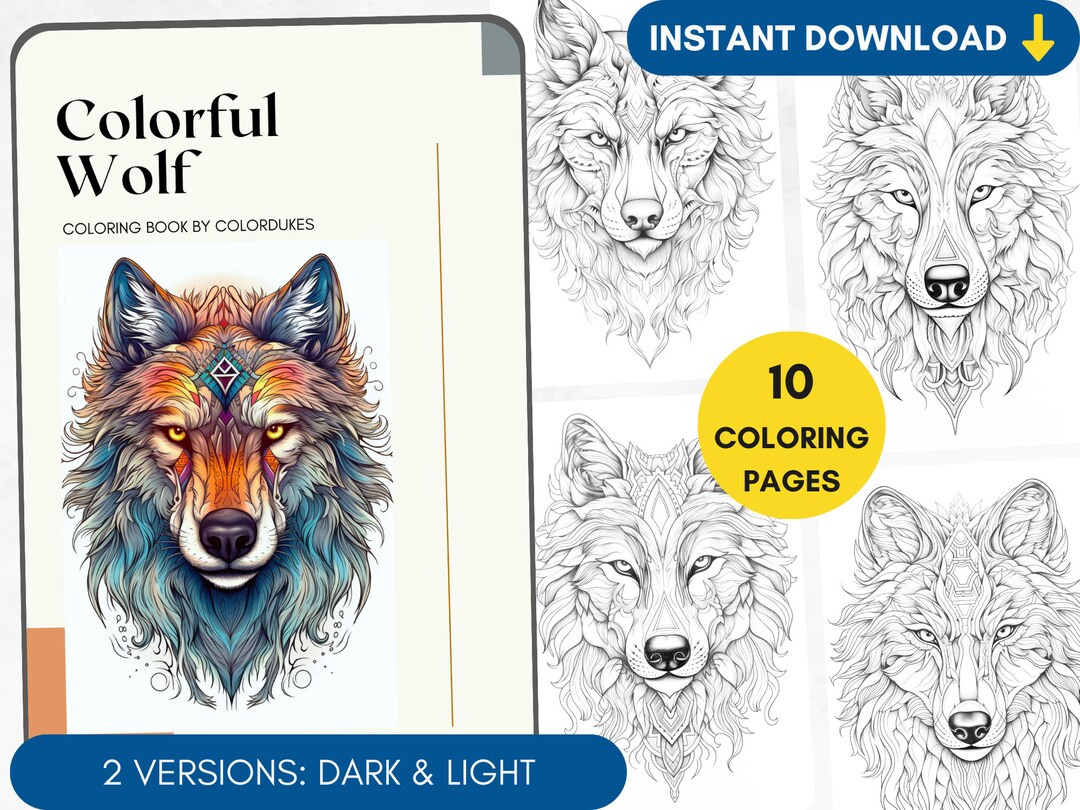 10 Coloring Pages Wolf Coloring Book for Adults, Animal Coloring Pages