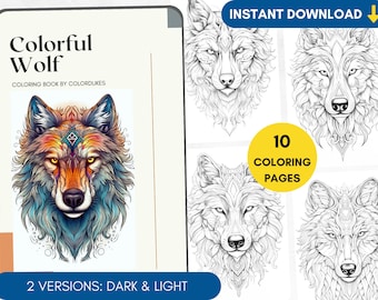 10 páginas para colorear lobo libro para colorear para adultos, páginas para colorear de animales para pigmento, animales del bosque para colorear, colorante Digital PDF imprimible
