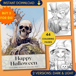 44 Halloween Coloring Pages in Grayscale, Spooky Coloring Book for Adults, Skeleton Coloring Sheets, Digital PDF