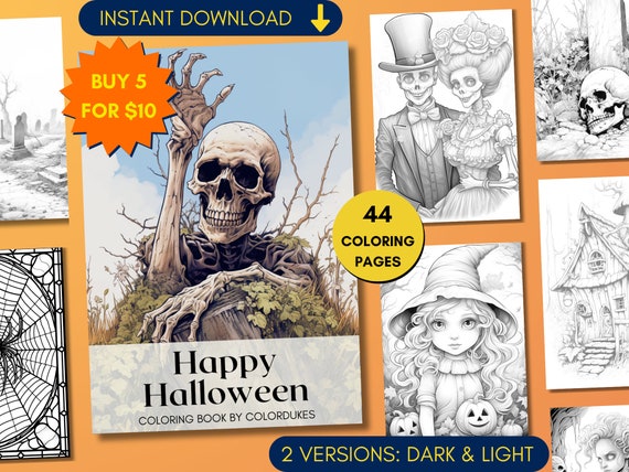44 Halloween Coloring Pages in Grayscale, Spooky Coloring Book for Adults, Skeleton Coloring Sheets, Digital PDF