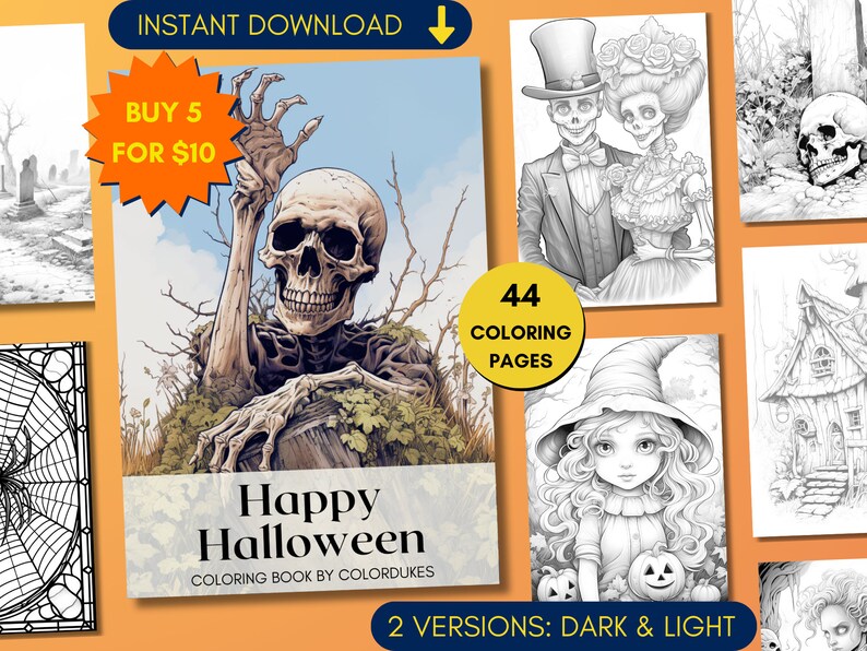 Set of 44 grayscale coloring pages for adults featuring Halloween themed images of skeletons, ghosts, zombies, witches, haunted houses, skulls, graveyards, monsters and much more