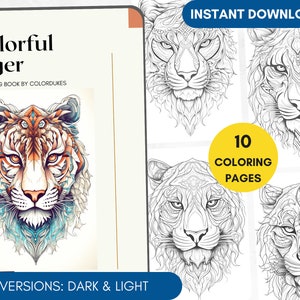 10 Coloring Pages Tiger Coloring Book for Adults, Wild Animal Coloring Pages, Tiger Mandala Coloring, Digital Coloring PDF Printable