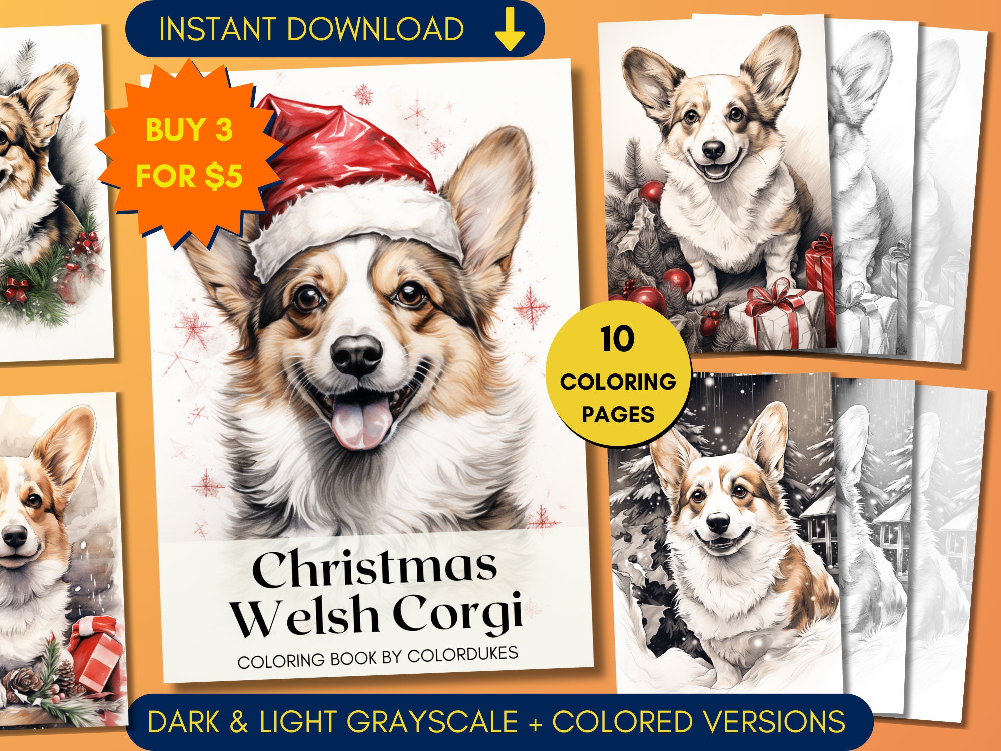 Christmas Corgi Coloring Pages in Grayscale, Winter Dog Coloring Book ...
